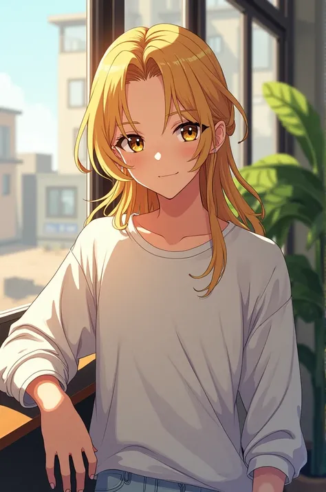 Male anime character with long blond hair wearing sweatshirt 