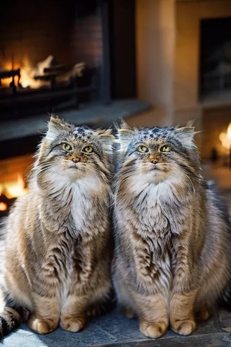 a maine coon cat and an abyssinian are sleeping next to each other, living room, stone floor, bright fireplace, from above, impr...