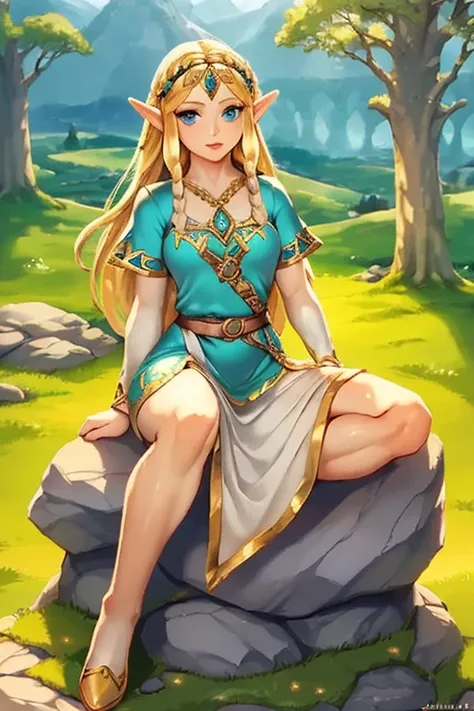 a beautiful elf princess zelda, wearing her original legend of zelda game outfit, in the hyrule kingdom, full body princess zeld...