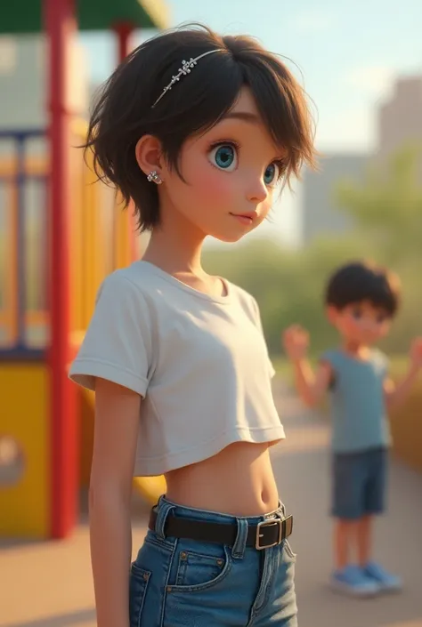 White girl , 10y, 1:4, standing, side view, short white top, blue very high waisted jeans, black belt, short pixie hair, brown hair, small earrings, hair pin, blue eyes, shy, playground, ren in background