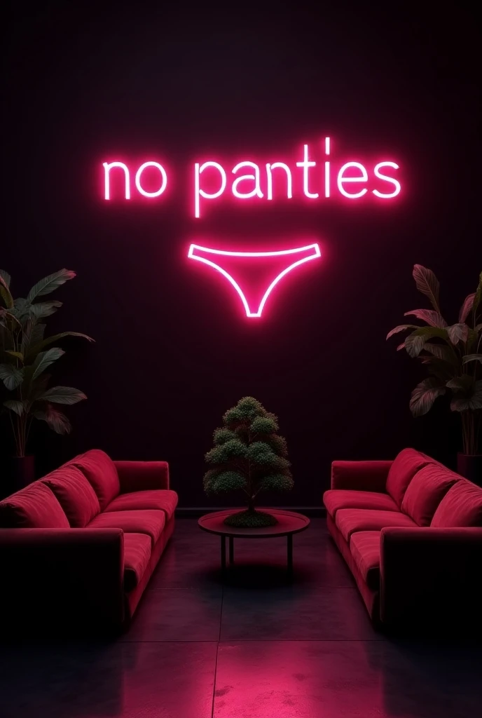 Crea un set para podcast, with black walls 4 velvet sofas  ,  a table in the center with a medium bonsai ,  some neon pink letters in the middle of the wall that say “No Panties Podcast” and the silhouette of a neon thong and two large plants in the two co...