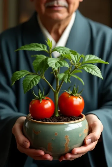  score_9,  score_8_up,  score_7_up,  score_6_up,  score_5_up,  score_4_up, 1man, 60 years old, ((lower body:1.3,  depicting the bottom of the nose )),  holding a potted plant in your hand,  tomato focus, Elegant Japanese clothing, artistic square ceramic potted plant, ( of potted tomatoes , 非常にRealistic, A long, splendid green stem :1.2, ３Two tomatoes grow branching off a , Large Zui 々 tomatoes grow from ３ grows from a ,  stem, Circle々and growing , Glossy surface,  with water droplets on it ,  tomatoes growing in a pot ), ((Realistic)), ((UHD, masterpiece, super detail, high details, best quality, 8k))