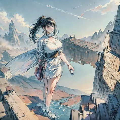 masterpiece　　Unreal Engine　Anime Style　Delicate painting　4K　90s　giant　crowd　 　((huge Girl standing in the valley of a skyscraper))　　crowd　Scar　Big Breasts　White T-shirt　Summer clothes　Short sleeve　Private Server　sneakers　White socks　watch　Black Hair　　smile...