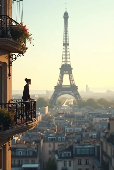  Images of a balcony where a person can fit standing. In the background the Paris tower  