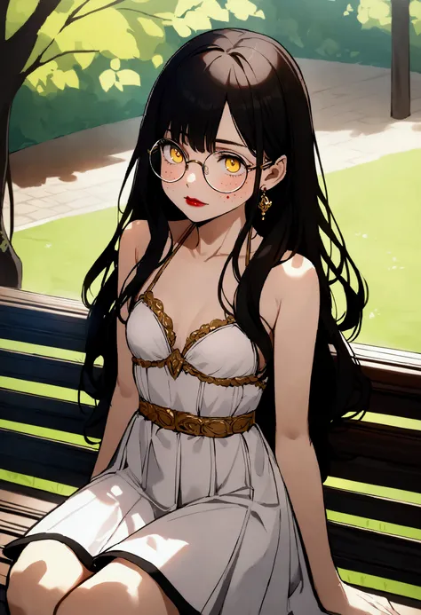  Long black and smooth hair , yellow eyes, freckle on the face,  paints under the lower right lip, round glasses, bikini line, thin, medium chest, red lipstick, golden earring, dress with flared skirt, In the middle of the park sitting on the park bench th...