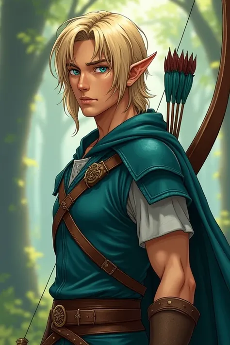 FULL body image of a half-elf ranger stands tall and lean, with a graceful yet rugged build, honed by years of survival in the wilderness. His skin has a soft olive tone, and his sharp, angular features are framed by shoulder-length blonde hair that falls in loose waves. His piercing, almond-shaped blue eyes, give him a sharp, alert gaze that constantly scans his surroundings. Pointed elven ears peek out from beneath his hair, highlighting his mixed heritage. Dressed in dark turquoise and brown leather armor, he moves with quiet precision, a bow slung over his shoulder and a quiver of arrows at his side, masterpiece, looks like Legolas, Legolas from Lord of the Rings, anime style, looking at the camera, looking up front