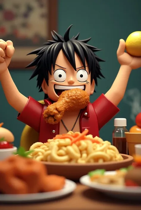 Roblox shaped Luffy with his scar eating a lot of food and a chicken leg in his mouth