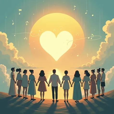 Design a music jacket featuring a serene and hopeful atmosphere, reflecting the theme of peace and unity. The background should depict a warm, rising sun breaking through gentle rain clouds, symbolizing hope after a storm. In the foreground, people from di...