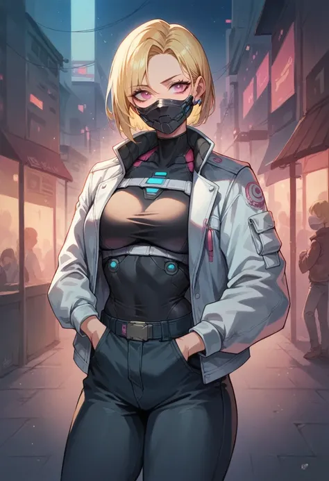 1 woman, older, mature features, leaning on a building at night, long pants, covering clothing, , Strong woman with broad shoulders, short black hair with blonde sections, face mask, black mask covering lower half of face, Futuristic clothing, comfortable ...