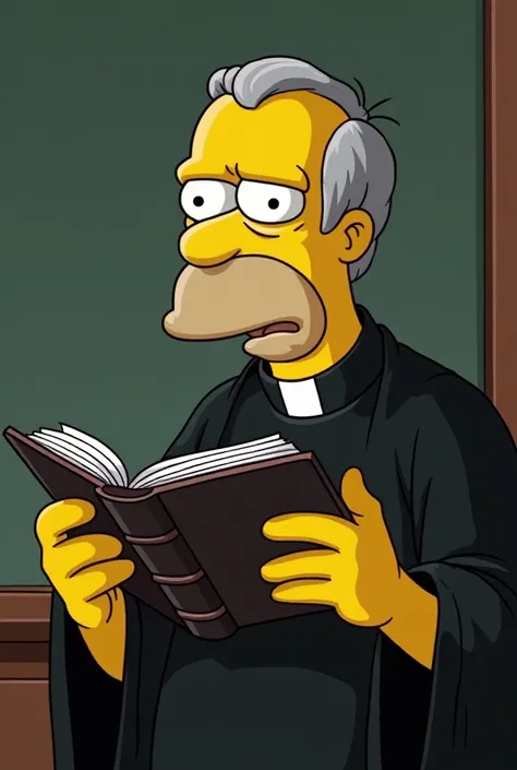 Pastor reading the Bible looking the other way, confused like The Simpsons comedian