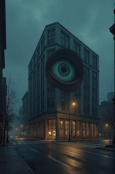 A real building with a real eye embedded ,  in a street in the United States the street must be empty and it must be at night with a gloomy atmosphere 