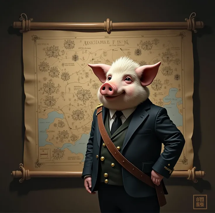 Snowball from animal farm with a confident demeanor, standing in front of a map, discussing military strategies 