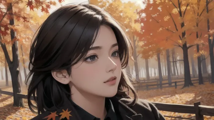 1 woman,Rim lighting,black eye,Upper body,
 Amazing dreamy fall colors,The loneliness of autumn ,solitude
(masterpiece,  best quality:1.4),photoRealistic,Realistic, photo-Realistic,