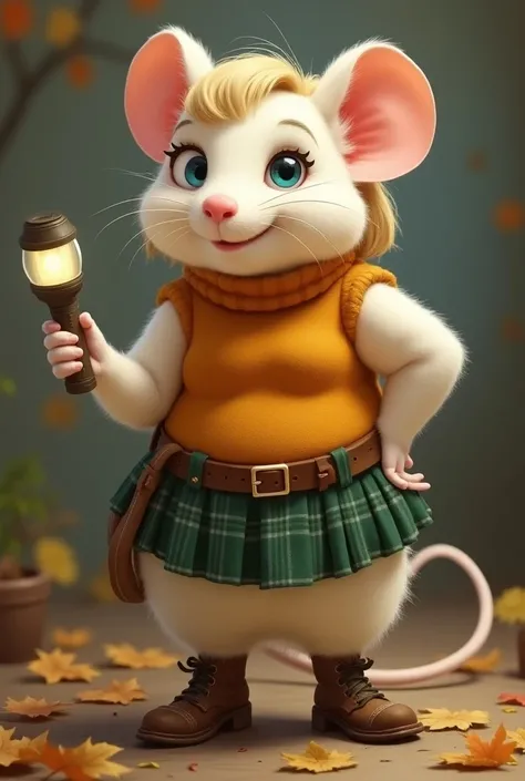 Curvaceous female anthro white mouse, orange sleeveless turtleneck sweater, green plaid miniskirt, brown leather belt over sweater and around waist, brown boots, blonde medium length bowl hair style, blue eyes, holding a flashlight 