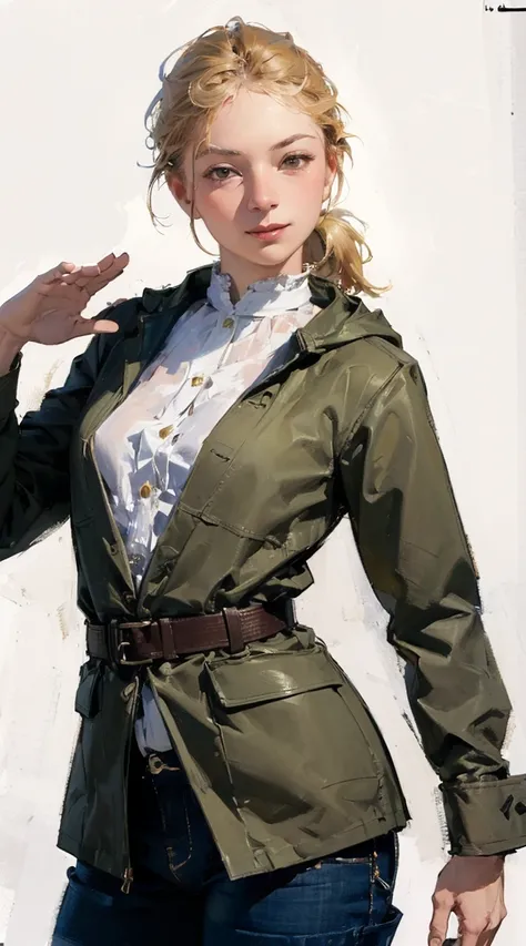 one mature woman,(solo),parietal,
(khaki hair),short ponytail,
brown eyes,(beautiful detailed eyes),
large breast, voluptuous,

((serious)),noble,no ornaments,
military jacket,
long sleeve,military pants,

((cowboy shot)),standing,

((masterpiece)), (best ...