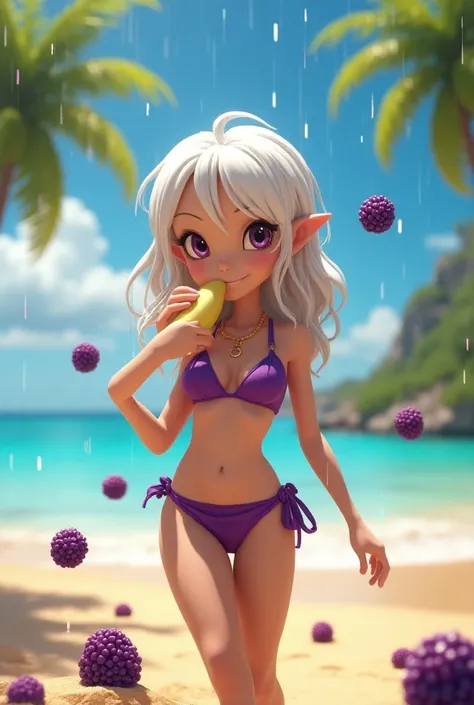 I need you to create the adventurous albino Dora in a purple bikini eating a banana on the beach when its raining blackberries from the sky 