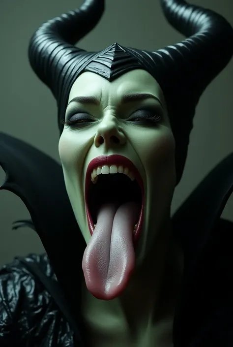 ((best quality)), ((masterpiece)) Giantess Maleficent opens her mouth wide showing you her uvula and super thick slimy and very meaty white Tongue with a sensual expression on her face (hyperrealistic human tongue) (front view)