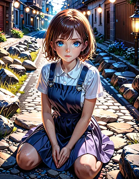 stars, standard, freckled face, automatic white balance, intersting lights and shadows, hyperdetailed, meditation, clamps, high-quality photo, witches, (photorealistic:1.4), blue eyes, ((masterpiece)), pinafore dress, antagonist, road, rocks, ultra-detaile...