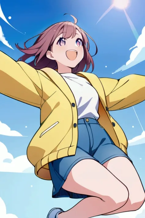  High Resolution ,  anatomically correct, Bright sky, illustration, look up, Raise your hands,Jump,solo,  1 girl,  looks,  shortcuts, Laughing/A proud laugh, Sparkling eyes, Purple Eyes,Chestnut Hair, denim skirt ,White trainers,Yellow jacket