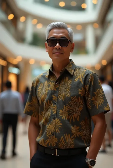 ( full body)Hyper realistic, (clean face)ultra hd,details,rindering cinematic movie.
An Indonesian  marketing man, aged s 35 year,(Thin grey) side part hair cut ,wearing (Batik formal Clohtes),LVsun glasses.
(is offering housing products) to mall "visitors...