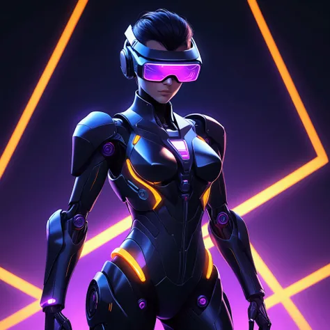 (((general plan))), (an android from the future with synthwave style cybernetic), cyber punk bionic, ((Black futuristic suit with LED lights)), (using a virtual reality glasses), Background with neon and LED light rays, orange lights, with very realistic t...