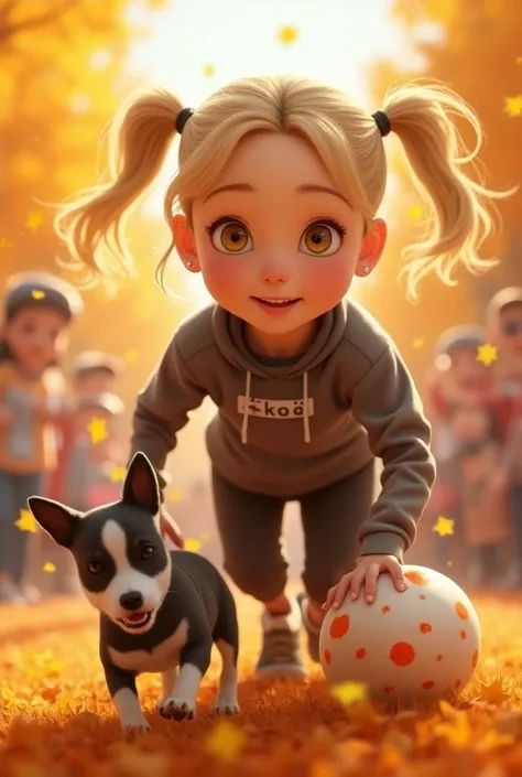 In the midst of a vibrant autumn festival, a sweet and energetic young girl with a lovable Rotterdam Terrier by her side is participating in a thrilling giant ball rolling competition, her blonde hair tied back in ponytails and her bright yellow eyes shini...