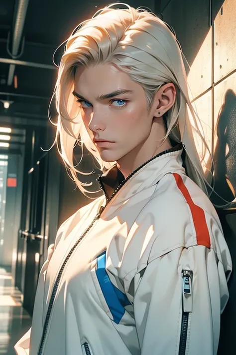 ((masterpiece)), (((best quality))), solo, 1 male, pale white skin, platinum blonde hair, (((shoulder-length hair))), ((straight flat hair)), side part, very handsome young man, ((male features)), beautiful face, muscular, fit, (large defined pecs), (toned...