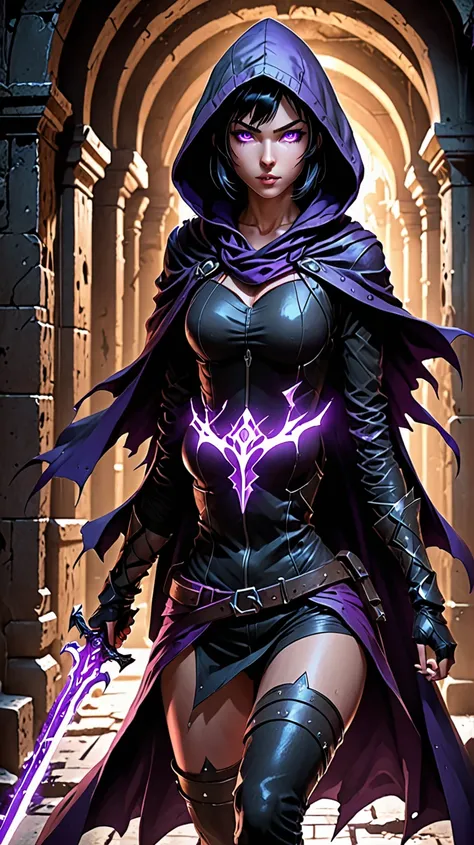 "4K anime style quality, digital drawing mode, agile rogue with short black hair and glowing violet eyes, wearing a dark hooded cloak and wielding twin daggers, standing in the shadows of a crumbling dungeon corridor, radiant skin with a faint sheen, sly a...