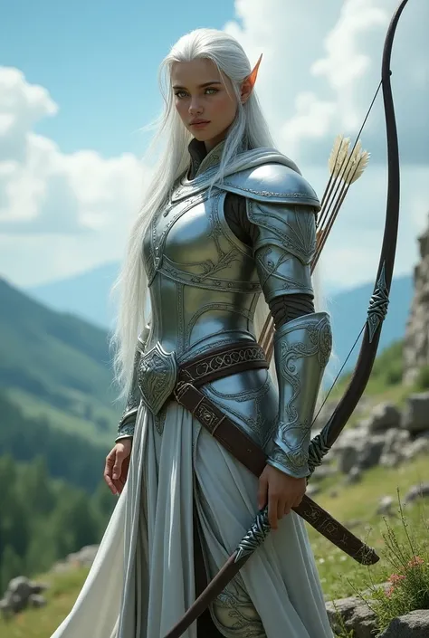 silver-haired male elf .  silver armor . bow and arrows 