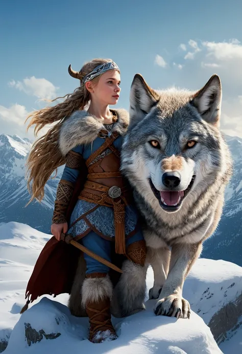 Viking girl on a snowy mountain with a wolf on her feet 