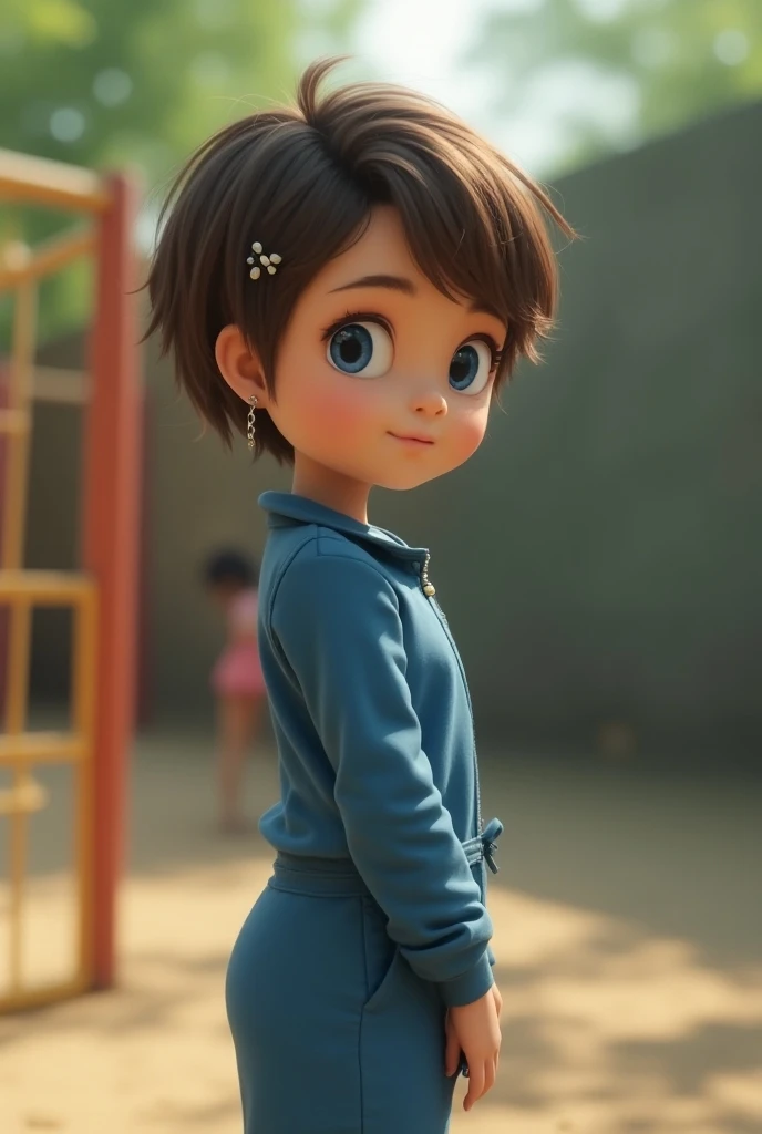 White girl , 10y, 1:4, standing, side view, blue tight jumpsuit, waist sash, short pixie hair, brown hair, small earrings, hair pin, blue eyes, shy, playground, ren in background