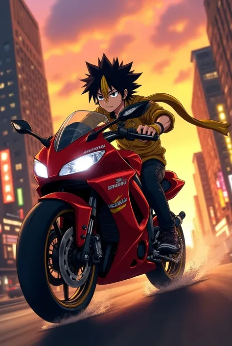 YUSEI FUDO ,black hair with yellow locks,You can add a face mark on the right side under your eye a yellow line in the shape of a ray as if it were a scar, YOU CAN CREATE AN IMAGE OF THIS CHARACTER AS A RAPPER RIDING A RED Hayabuza Suzuki motorcycle , IN T...