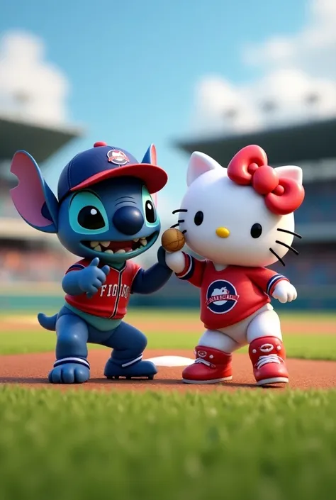  A 3d rendering of Stitch playing baseball with hello kitty .  Stitchs baseball uniform is a baseball uniform with a cap and says NAVEGANTES DEL MAGALLANES.  Hello Kittys uniform is red and navy blue with a cap and says TIGRES DE ARAGUA . Theyre playing ba...