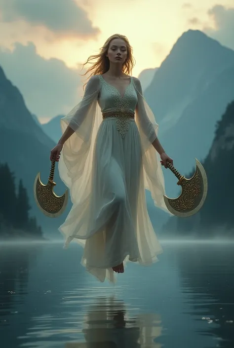  floating on a mysterious lake 　 A goddess with a gold axe in his right hand 、  and a silver axe in his left hand 