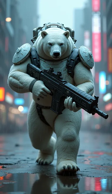 humanoid polar bear, with cyberpunk ,  walking and aiming with a futuristic machine gun,  ground with puddles of rain . night. Cold. neon.  blurry cyberpunk style background 