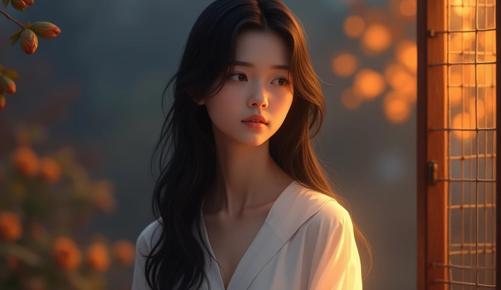  A girl named Thu wears a white shirt.., Autumn Night Background ,Hee!| Han Lighting , long black hair