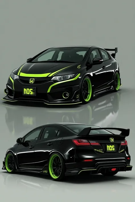  Honda Civic black ,  neon verde, Sticker nos ,  model 2010 ,  slightly lowered, Front, back,  headlight LED , mgtow plates