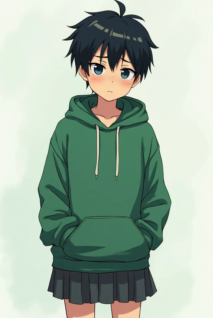 anime, anime boy, black short hair, green hoodie bagunder eyes, tired, skirt