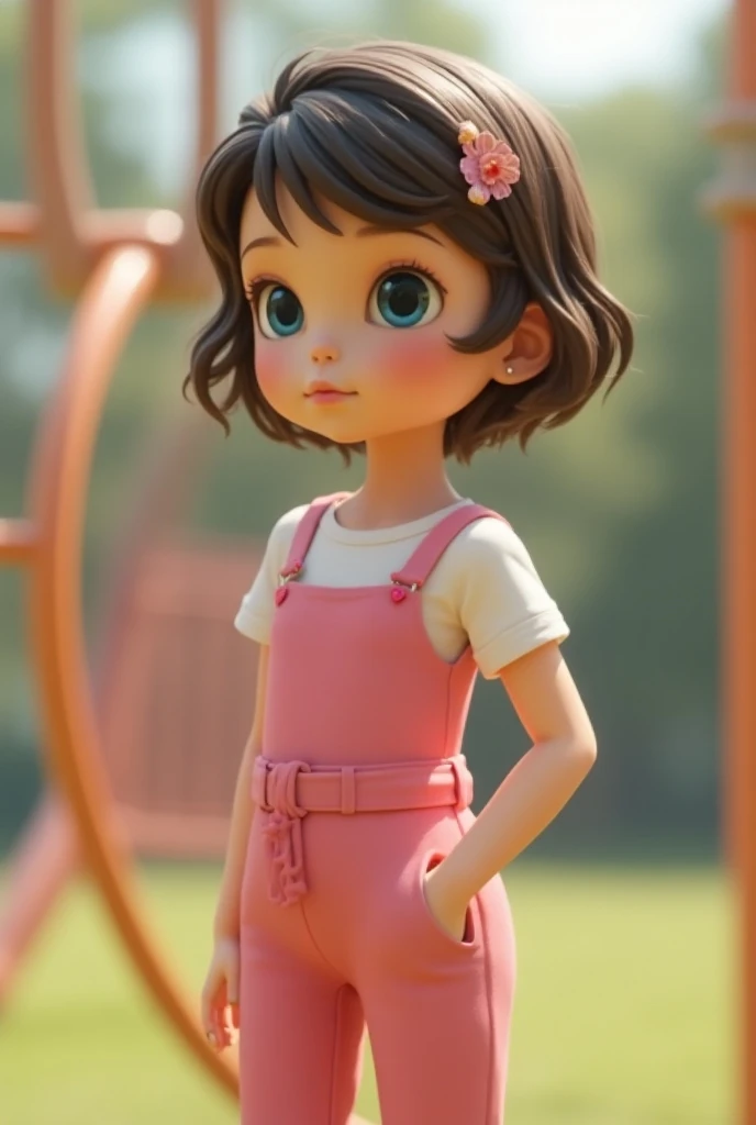 White girl , 10y, 1:4, standing, side view, pink very tight jumpsuit, waist sash, short pixie hair, brown hair, small earrings, hair pin, blue eyes, shy, playground, ren in background