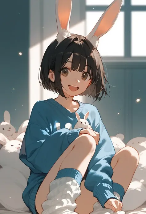 Score_9,Score_8_up,Score_7_up,highest quality,detailed,1 girl,slim,brown long straight hair,sweater,loose socks,looking Happy,Happy with me Bunny ears
黒髪　 Black Hair 　 Bob Cut 　Bob Hair　Blue clothes　20th Generation　White rabbit ears　Blue clothes　