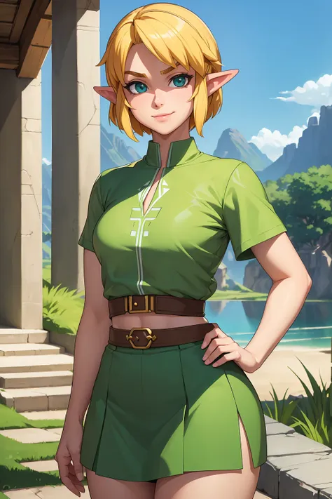 Full-length, uncropped, professional anime art commission, femme (Link from Legend of Zelda), young adult, (flat-chested), arched blonde eyebrows, detailed eyes, looking into camera, big pointy nose, ((short blonde hair)), confident smirk, cropped green shirt and skirt, hills and valleys in the background