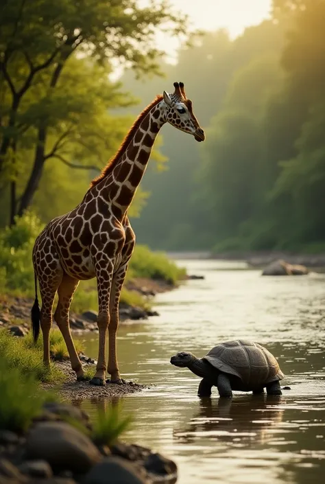 Giraffe and tortoise in River side  realistic photo 