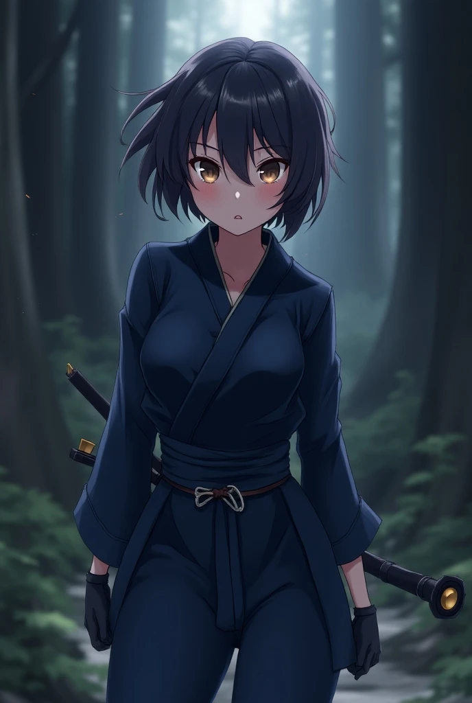 Female ninja as an animated character with short hair and in a dark blue uniform , that he doesn&#39;t have his arms crossed and that the uniform has a different shape, that has a different body, that he doesn&#39;t have the tool that is on his back and th...