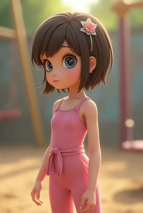 White girl , 10y, 1:4, standing, side view, pink very tight jumpsuit, waist sash, short pixie hair, brown hair, small earrings, hair pin, blue eyes, shy, playground, ren in background