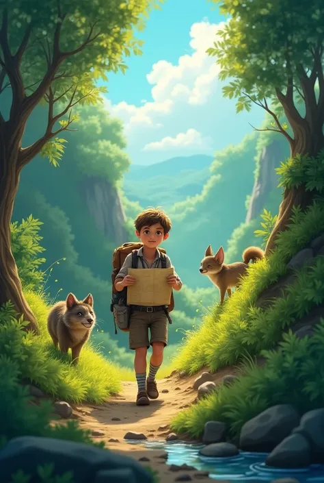 Excited, he packed a small bag with food and water and set out on an adventure. He followed the map through thick trees, crossed rivers, and climbed hills. Along the way, he met different animals—a wise owl, a playful squirrel, and even a gentle deer. They...