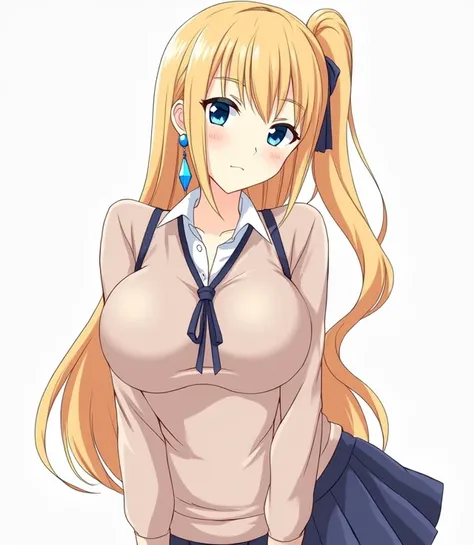 1girl, High Resolution, Best Quality, Blonde Hair, Absurdly Long Hair, Large breasts, Earrings, Blue eyes, Simple background, Jewelry, Anime, Accurate, Gyaru, School uniform, Side Ponytail, 