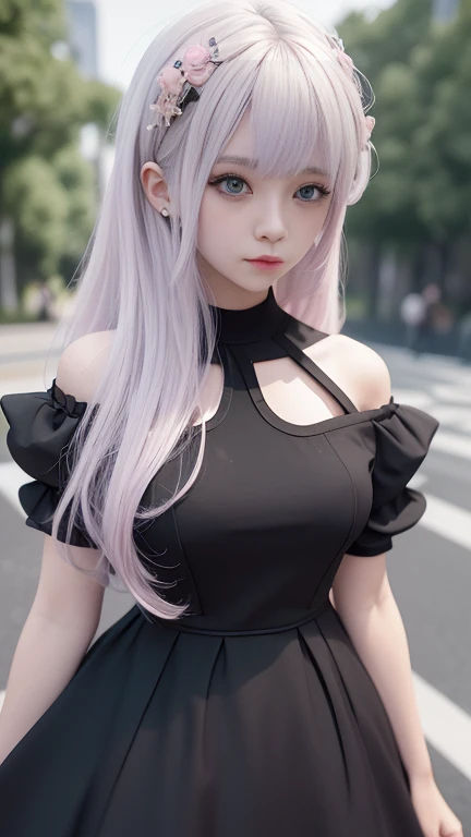  European Girl , Straight Cut , Silver Pink Hair , Ideal ,  Black Off Shoulder Simple Dress,  night, Park Background, Vibrant colors, Studio Light, Super detailed, Gentle Light, 3D Animation,  Chest Shooting Focus , clavicle, Wide Chest