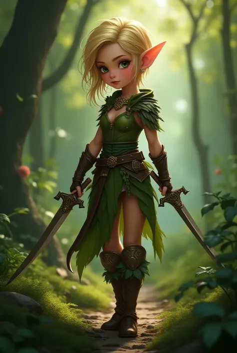  The forest elf is a young woman of short stature , about 1,60 m, with blonde and short hair.  Her eyes are a deep caramel shade ,  transmitting an intelligence and curiosity that reflect the beauty of nature around them. your skin is tanned,  the result o...