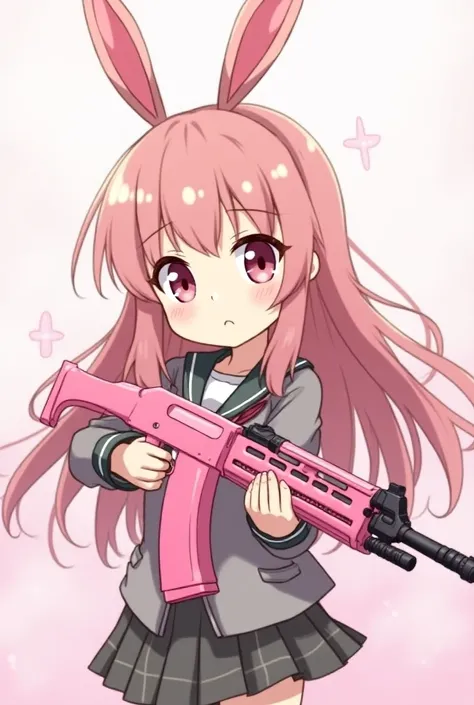 (masterpiece,   cute rifle  ,   pink weapon  、Korea JK ,      Long half twin  ,   pinkish brown hair  , Big Eyes,   , (       pink background       ),        upper body,Korean Style,Illustrated style、bunny ears、Mio 、 upper body
