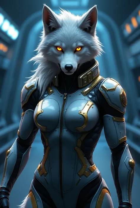  Generate the super realistic anime-style image of an anthropomorphic wolf who is a space pilot,  with big, expressive eyes with an intimidating expression , with yellow eyes,  with a metal spacesuit that looks futuristic ,  with gold details , with a perf...